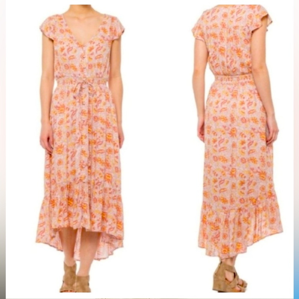 Lucky Brand Boho Floral V-neck High-low Hemline Maxi Dress EUC Size Small